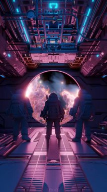 Bir uzay gemisinin güvertesinde duran üç astronot büyük bir lombozdan bir nebulayı gözlemliyor. 3d hazırlayıcı