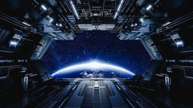 Uzay boşluğunda süzülen devasa uzay gemisi, açık körfez kapılarıyla, güneş ufka yaklaşırken Dünya 'nın üzerinde süzülüyor. 3d hazırlayıcı