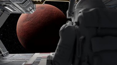 Derin uzay keşif görevi sırasında pas rengi Mars manzarasına uzay gemisinin penceresinden bakan yalnız astronot kozmik yolculuğun bilimsel harikasını gözler önüne seriyor. 3d hazırlayıcı