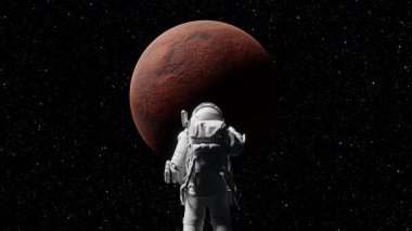Astronot ağırlıksız olarak kırmızımsı marsların yanında süzülüyor, karanlık kozmik alana bakıyor ve gezegensel keşif mucizesini gözler önüne seriyor. 3d hazırlayıcı