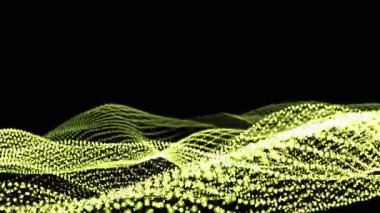 Siyah zemin üzerinde dalga şeklinde uçan yeşil radyasyonlu beyaz parçacıkların 3 boyutlu görüntülenmesi