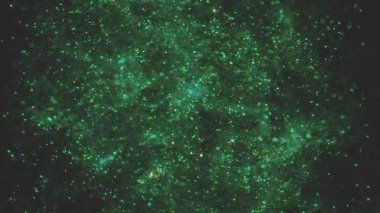 Yeşil parçacıkların siyah arkaplanda aktığı 3 boyutlu resimleme soyut arkaplanı
