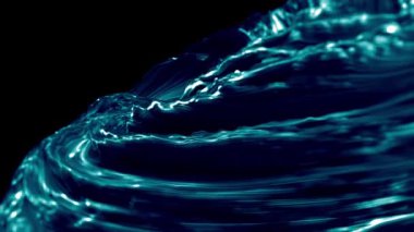 Hızla dönen mavi sıvı kütleli 3d arka plan döngüsü girdap çemberine dönüşüyor ve koyu arkaplanda parlak girdaplar oluşuyor.