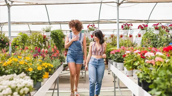 Bir bahçe merkezinde çalışan iki kadın, saksı çiçeklerinin arasında yürür, sohbet eder ve işlerinin tadını çıkarırlar.