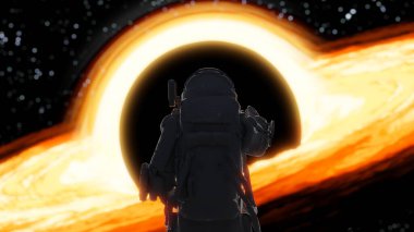 Astronot uzayın derinliklerinde süper kütleli bir kara delik gözlemler, nefes kesici bir kozmik fenomen. 3d hazırlayıcı