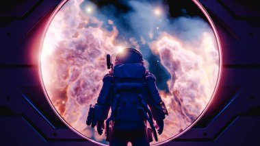 Astronot dairesel bir pencerenin önünde durmuş, canlı bir nebulaya bakıyor, nefes kesici bir uzay keşfi ve keşfi sahnesi. 3d hazırlayıcı