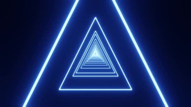 Derin perspektif ve pürüzsüz ışık hareketi ile parlayan mavi neon üçgen tünelin 3D görüntüsüz döngüsü