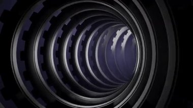 Dönen dişli halkalar ve metalik aydınlatma ile fütüristik bilim kurgu tünelinin 3 boyutlu kusursuz canlandırması