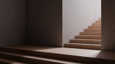 Günışığı, boş modern odada minimalist merdivenleri aydınlatıyor, yükselme ve umut hissi yaratıyor.