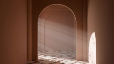 Kemerli terracotta koridorunda dekoratif fayanslarla ve yumuşak ortam gölgeleriyle yayılan 3D güneş ışığı animasyonu