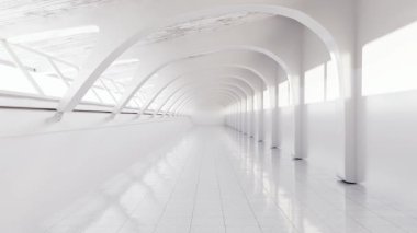 3 boyutlu fütürist beyaz koridor kıvrımlı kirişler, döşemeli döşemeler, yapısal destekler ve temiz minimalist tasarım.