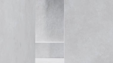 Minimalist gri beton oda boş raf ve beyaz zemin ile modern ve şık bir mimari alan yaratıyor.