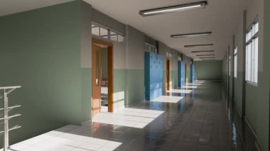 Pencerelerden süzülen parlak güneş ışığı, parıldayan dolaplarla boş okul koridorunu aydınlatmak, temiz ve modern iç tasarım üzerine yumuşak gölgeler bırakmak.