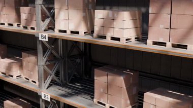 Depo raflarında hareket eden karton kutular, lojistik, dağıtım ve envanter yönetimini gösteriyor