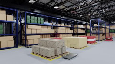 Karton kutular ve metal raflar lojistik ve dağıtıma hazır bir deponun içini dolduruyor.