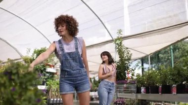 Profesyonel bayan meslektaşlar yeşil bitkilerin arasında durmuş, botanik detaylarını tartışırken birlikte parlak sera ortamında çalışıyorlar.