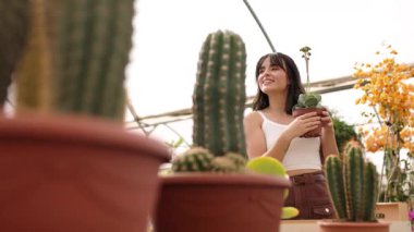 Gülümseyen genç bayan seradaki kaktüse hayran.