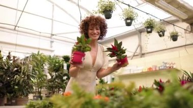 Serada dans ederken elinde saksı saksısı tutan mutlu genç bir kadın.