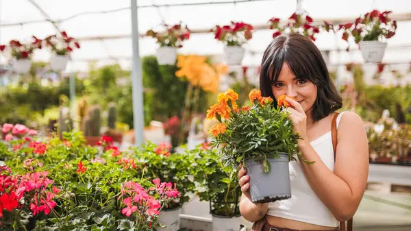 Serada ya da kreşte turuncu kadife çiçeği kokan genç bir kadın, renkli bitkilerle çevrili.