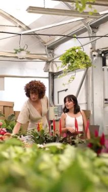 Profesyonel çocuk bakıcıları saksı bitkilerini dikkatle inceliyor, güneş ışığı altındaki seranın içindeki büyüme ve kaliteyi tartışıyor, bitki seçimi ve bakımı konusunda işbirliği yapıyor. Dikey