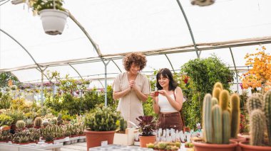 İki kadın seranın içinden küçük bir kaktüs bitkisi seçmekten zevk alıyor, ev bitkileri için alışveriş yapıyorlar.
