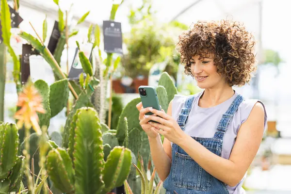Gündüz kıyafetleriyle gülümseyen genç bir kadın güneşli bir günde parlak bir serada kaktüs bitkisinin akıllı telefonuyla fotoğraflarını çekiyor.