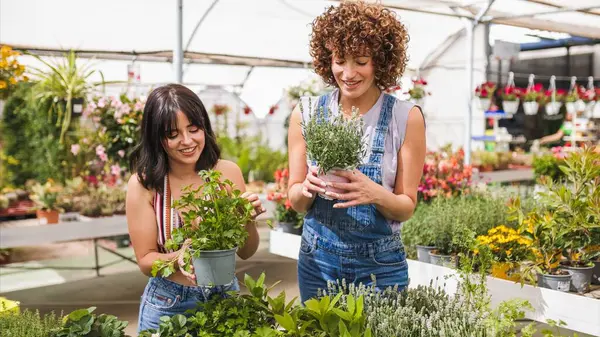 İki genç kadın, muhtemelen bahçe çalışanları, gülümsüyor ve çiçek ve bitkilerle dolu bir serada saksılarını tutuyorlar.