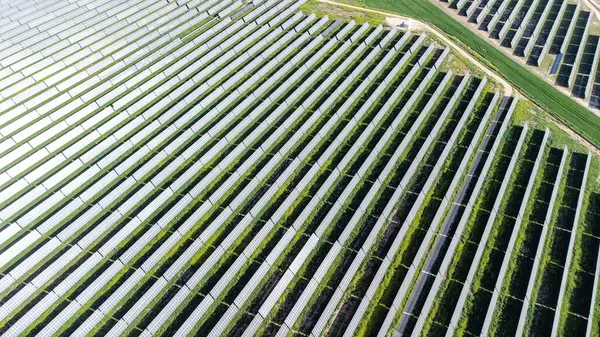 Geniş bir güneş çiftliğinin hava görüntüsü güneş ışığını yakalıyor, onu temiz enerjiye dönüştürüyor, daha yeşil bir gelecek için sürdürülebilir bir çözüm.
