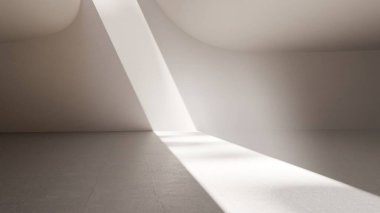 Beyaz mimarinin içine düşen güneş ışığının 3 boyutlu görüntüsü pürüzsüz minimalist yüzeyde uzun gölgeler bırakıyor