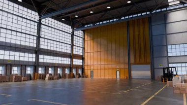 Geniş deponun iç kısımlarından gelen sıcak güneş ışığı yumuşak, değişken ışık ve yükselen gölgelerle endüstriyel alanı yavaş yavaş aydınlatıyor.