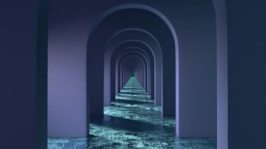 3D çizimsiz döngü sonsuz koridoru, kemerli kapıları ve parlak mor yansıtıcı zemini gösteriyor.