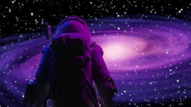 Astronot büyüleyici mor bir sarmal gökada gözlemler, nefes kesici bir kozmik sahne. 3d hazırlayıcı