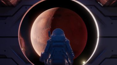 Astronot, bir uzay gemisinden Mars 'a bakar ve dış uzayda seyahat ederken gezegenin hayranlık uyandırıcı görüntüsünü yakalar. 3d hazırlayıcı