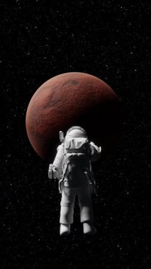 Astronot, gelecekteki keşiflerin sembolü olan görkemli Mars gezegenine bakarak uzayda süzülür. 3d hazırlayıcı