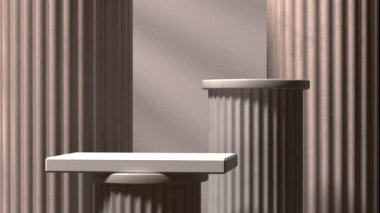 Geometrik ekran ile düzenlenmiş flütlü sütunların 3d resmi ürün sunumu için yumuşak ışık altında duruyor