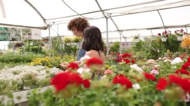 İki genç kadın, muhtemelen çocuk bakıcıları, bir seranın içindeki çeşitli renkli çiçekleri inceleyip tartışıyorlar.