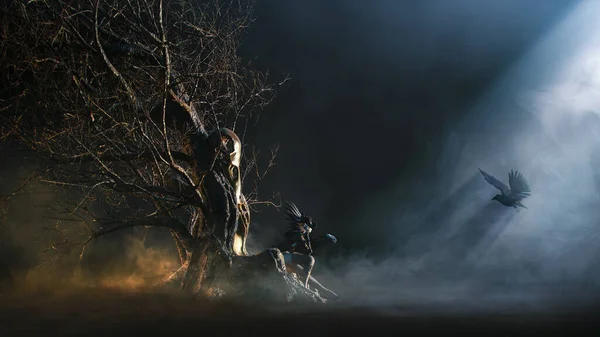 女巫坐在一个金黑相间的奇怪的宝座上 叫乌鸦在迷蒙的黑暗森林中 在月光的雾气中飞翔 噪音和色差 以获得更多的真实感 3D渲染概念艺术 — 图库照片