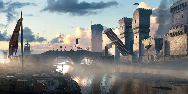 Paisagem Fantasia Com Castelo Ponte Levadiça Levantada Rio Que Recebe — Fotografia de Stock