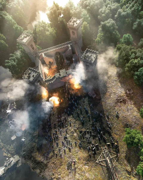 火災や煙と城の包囲と大きな中世の軍隊と古代の武器の空中ビュー 色収差とリアリズムを追加するノイズ コンセプトアート3Dレンダリング — ストック写真
