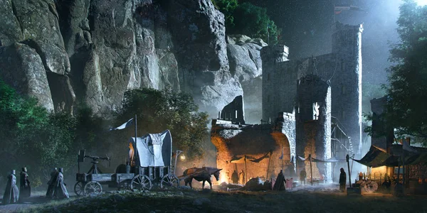 Средневековые Солдаты Движущиеся Ночью Вслед Бронированной Колесницей Через Разрушенный Храм Стоковое Изображение