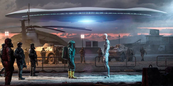 在一个军事基地里与外星人接触的科学家们 带着一个巨大的飞碟 背景无精打采 闪烁着明亮的光芒 3D渲染 噪音和色差 — 图库照片