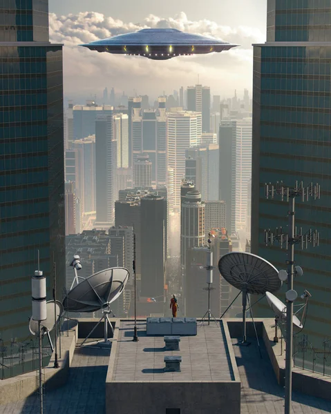 Ufo通过许多天线和雷达 概念艺术 3D渲染 色差背景 在灰色城市上空和屋顶上与外星人联系 — 图库照片