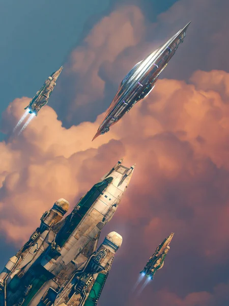 Нло Космический Корабль Погоне Скоростью Через Оранжевый Закат Несконцентрированные Облака — стоковое фото