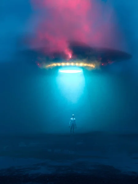 Киберпанк Нло Посадки Красочный Дым Окутанный Инопланетянином Свет Никаких Реальных — стоковое фото