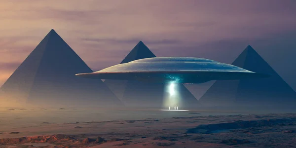 飞碟降落在吉萨的飞机上 与外星人一起在金字塔前的灯光下 夜晚雾蒙蒙的 噪音和色差增加了真实感 3D渲染没有使用真正的模型 — 图库照片