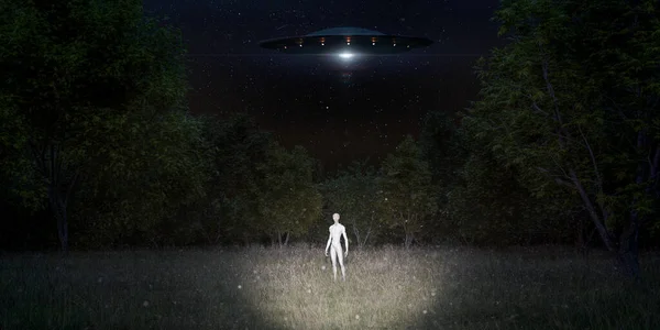 Gruseliges Alien Einem Dunklen Wald Erleuchtet Von Einer Taschenlampe Mit — Stockfoto