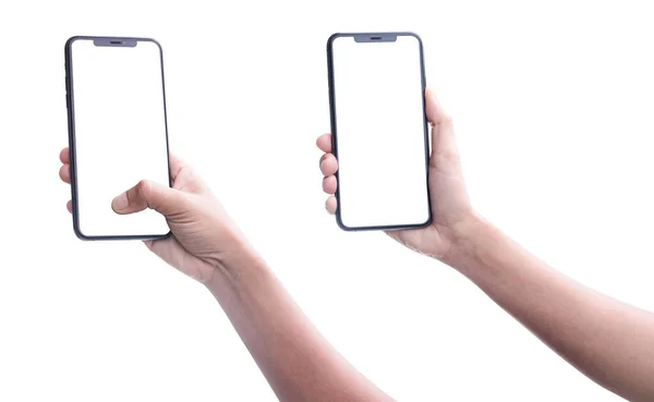 Vrouw Hand Holding Mobiele Smartphone Met Blanco Scherm Geïsoleerd Witte — Stockfoto