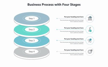 Dört renkli aşamalı basit bir iş planı. Minimalist simgelerle düz bilgi dizaynı.