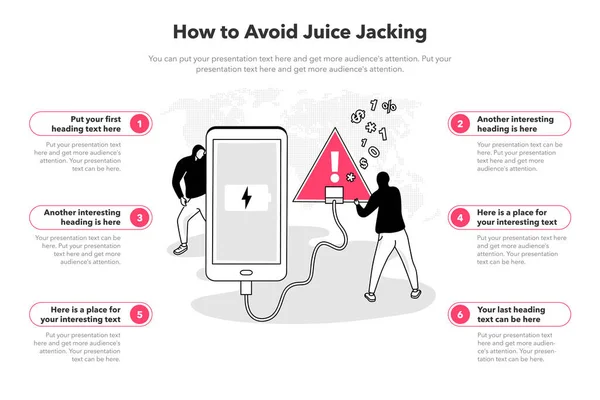 stock vector Simple infographic template for how to avoid juice jacking. 6 stages template with a smartphone and a red USB charging port as a main symbol.