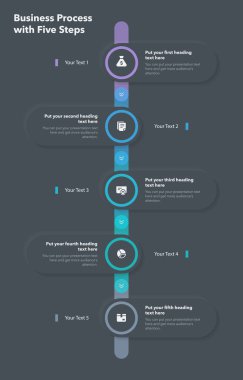 İş süreci için beş adımlı basit bir bilgi - karanlık versiyonu. İş sunumu için slayt.